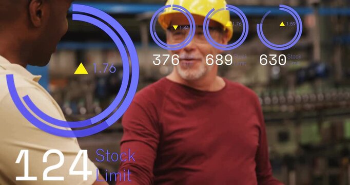 Vertical video: Handshake initiating stock audit in plant, lead holding laptop, HUD updating limits