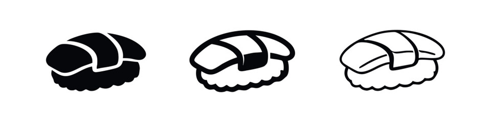 Sushi nigiri icon set, black vector symbols of traditional Japanese food on white background, different styles © liubomir118809