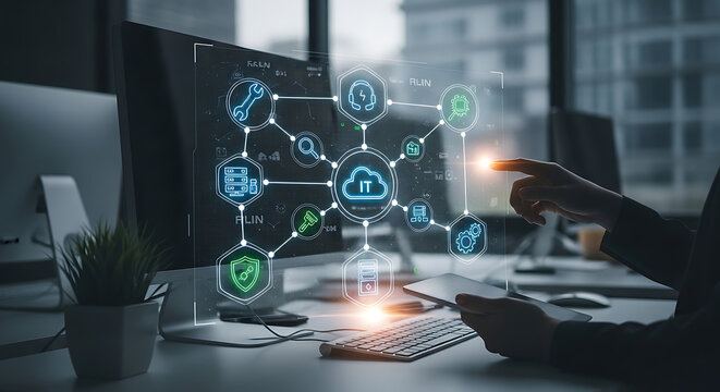 Professional IT maintenance and troubleshooting concept featuring glowing digital icons illustrating technical support system diagnostics and cloud computing management tool services.