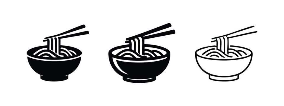 Noodles bowl with chopsticks icon set, black vector symbols of ramen or pasta in different styles on white background