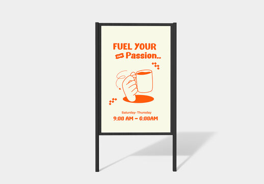 Vertical Stand Banner Mockup with Black Metal Frame on White Background