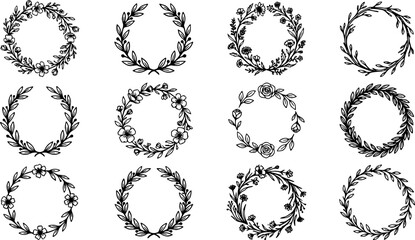 Obraz premium Set of black minimal hand-drawn decorative floral frames featuring blooming flowers, simple sketch style. Elegant forms vintage designs, including circular semi circular isolated vector illustarion 