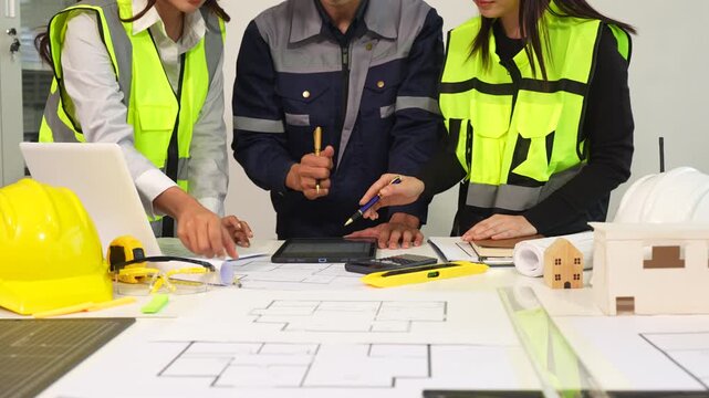 architect or engineer working on table use drawing tool on the paper plan for business architectural project.
