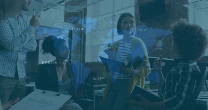 Presenter opening gesturing blue folder team leaning using map numbers overlaying view for business