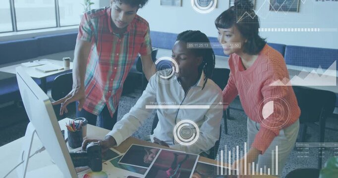 Vertical video: Seated man clicking mouse while team leaning and pointing HUD marking print choices
