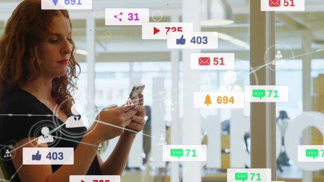 Female worker tapping smartphone monitoring social media, badges multiplying around phone on glass