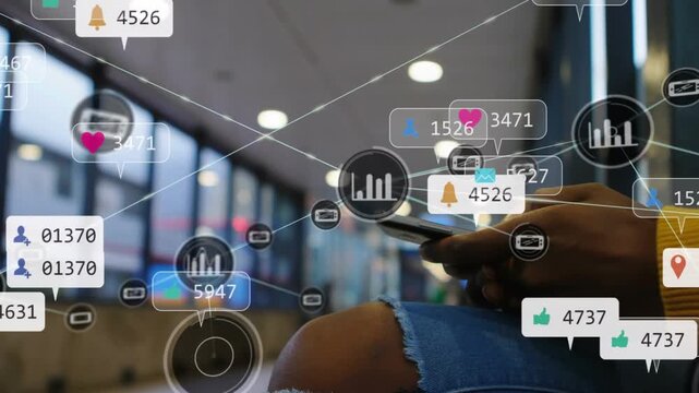 Woman sitting station tapping phone, making icons and nodes forming dense network showing tech data