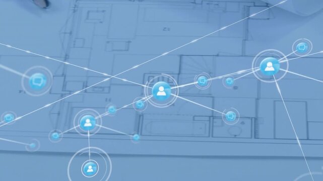 Blue user icon appearing over center, starting network extending links, mapping devices across plan