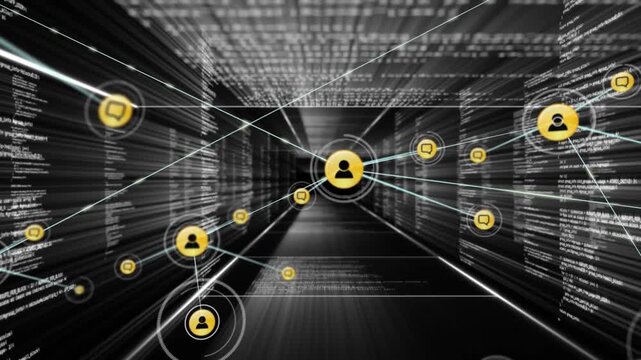 Central yellow avatar sending linking pulses in tech tunnel, growing network with message icons