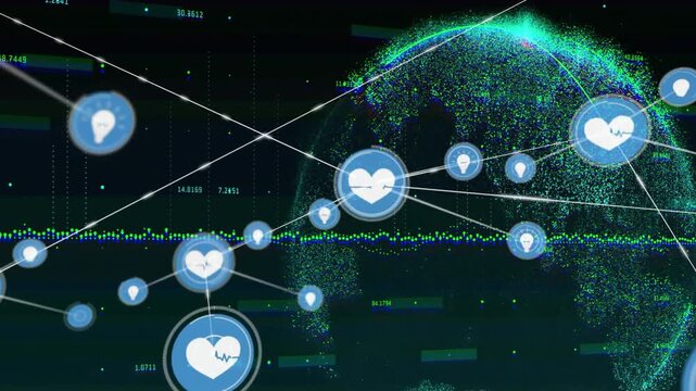 White line coming from upleft starting node growth, heart icons linking across waveform for health