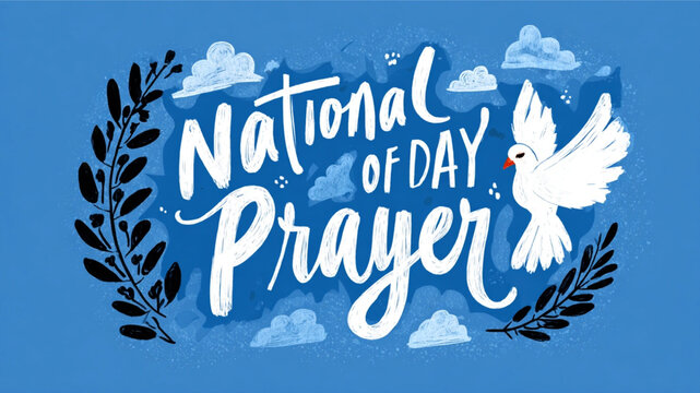 National day of prayer illustration with dove and laurel on blue background