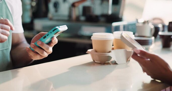 Hands, smartphone and pos with waiter at cafe with easy payment, click and paperless transaction. People, server and customer experience for drinks, phone and fintech app with barista at coffee shop