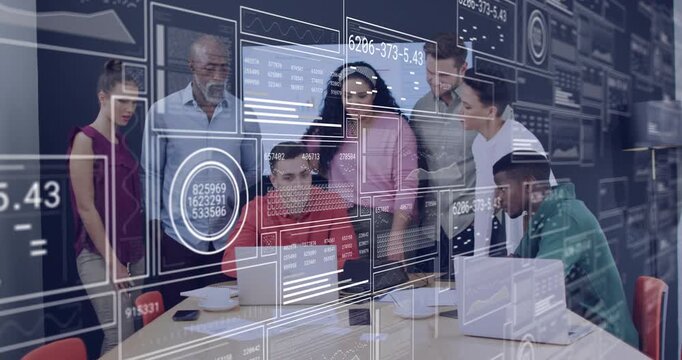 Seated man using laptop, initiating HUD overlay as team leaning in reviewing business data to plan