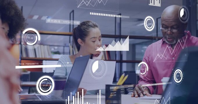 Woman holding doc tapping laptop sr pointing tablet business AR overlay charting data for decisions