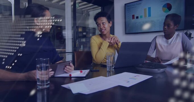 Map and code overlay drifting across camera, revealing business team reviewing charts, strategizing
