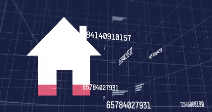 House icon filling lower segments in real estate dashboard as numeric tags appearing, showing value