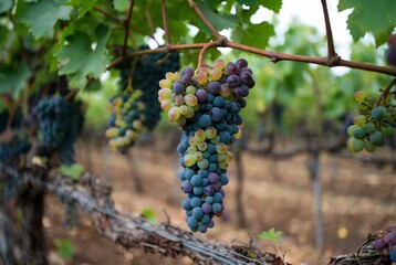 Naklejka premium A cluster of grapes hangs from a vine in a vineyard.