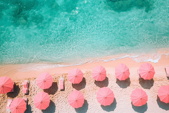 Top view of a beach with pink striped lounge chairs by the sea, under a clear blue sky, in a relaxing summer atmosphere filled with sunshine and tranquility
