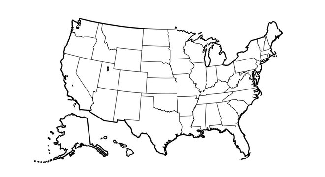 Detailed outline map of United States with state lines, white background.