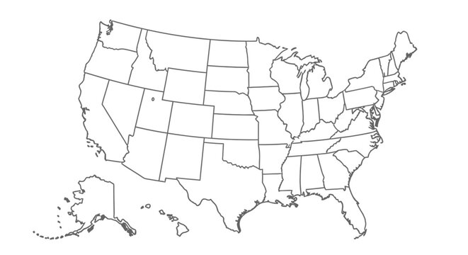 Outline map of United States with state borders, white background.
