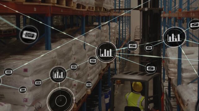 Data overlay appearing, expanding, initiating forklift driver moving aisle icons linking inventory