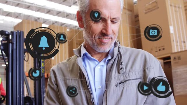 Logistics manager tapping smartphone noting with pen, AR icons circling him linking inventory