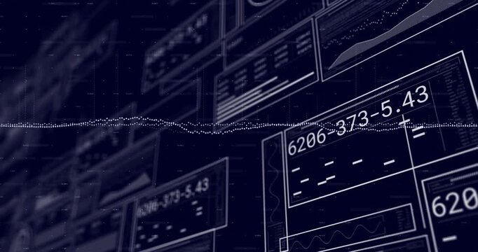 Vertical video: Camera gliding right, dense UI modules sliding to reveal data trace for analytics