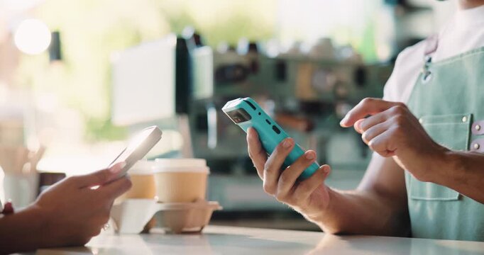 Hands, phone and pos for drinks at coffee shop with easy payment, click and paperless transaction. People, server and customer experience with order, smartphone and fintech app with cups at cafe