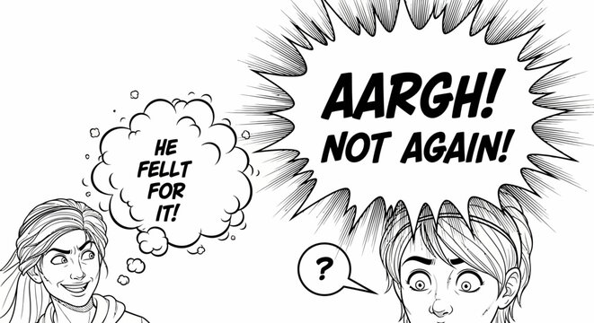 Young man and woman reacting with frustration and anger, speech bubble showing "AARGH! NOT AGAIN!", with a cunning older woman's thought bubble on isolated white background.