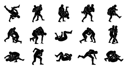 Fototapeta premium Black silhouettes of people wrestling moves.