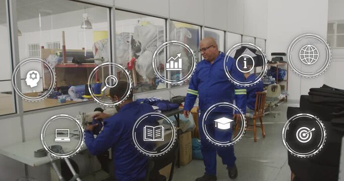 Lead entering from right and inspecting sewing operator while circular icons overlaying workspace