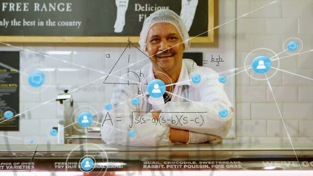 Mature deli worker at counter sequence starting icons appearing spreading showing Heron's formula