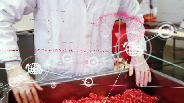 Worker starting mixing meat, gloved hands kneading and camera pulling back showing traceability