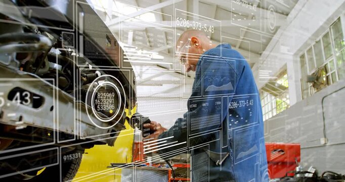 Vertical video: Mechanic grabbing grinder, working on bumper, HUD charts guiding repair