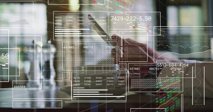 Vertical video: Man tapping phone at cafe, monitoring finance while data charts expanding over hand