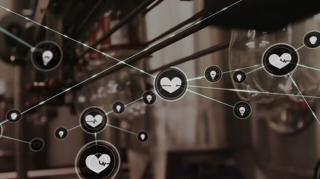 Icon network growing over bottling line after heart icon appearing linking nodes, monitoring health