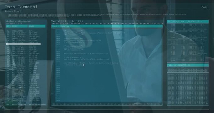 Seated man typing, co-worker observing, Data Terminal populating code and tables for tech analysis