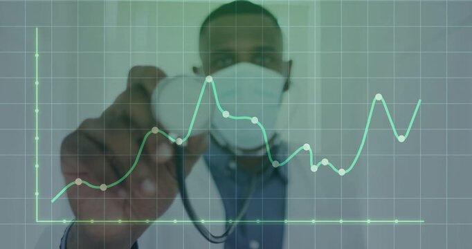 Vertical video: Doctor tapping grid tracing graph lighting nodes moving stethoscope checking pulse