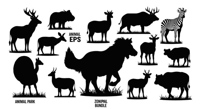 Black silhouettes of various wild animals.
