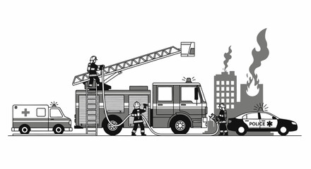 Emergency Scene with Firefighters and Police Responding to a Burning Building with Ambulance and Fire Truck © Bushcraft