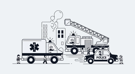 Emergency Vehicles Responding in a City Scene with Fire Truck, Police Car, and Ambulance © Bushcraft