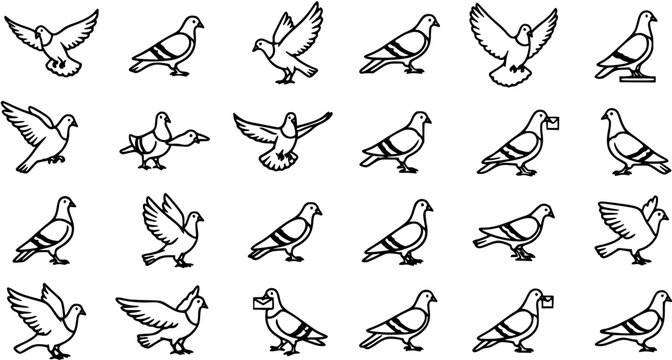 Black and White Line Art Pigeons and Doves Vector Icon Set for Communication, Peace, and Nature Concepts - Animal Glyph Collection