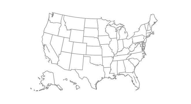 Outline Map of the United States of America with State Borders, Including Alaska and Hawaii, Isolated White Background