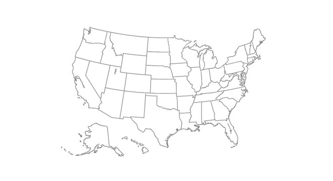 Outline Map of the United States of America with State Borders, Including Alaska and Hawaii, Isolated White Background