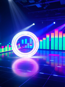 flashy blinking circle animation moving to the left. Colorful LED Dancefloor Background. Techno and Dance Music Backdrop. Equalizer Audio Background.