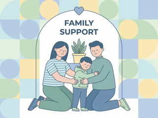 Fototapeta premium Warm illustration of a united family embracing, depicting parents and their child in a supportive hug, symbolizing love, emotional connection, and collective well-being