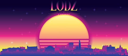 Obraz premium Purple generic retro futuristic synthwave panoramic poster of the city skyline with misty background sunset buildings of LODZ, POLAND