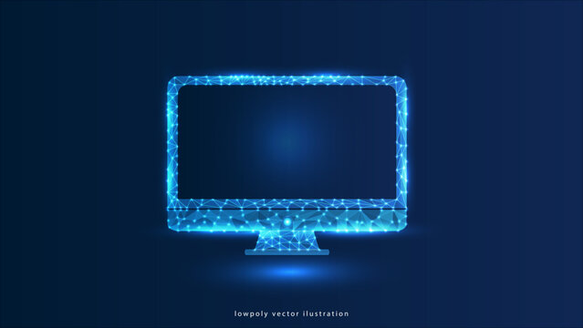 computer LCD Abstract Digital PC Monitor in Low Poly Wireframe Style. Empty Screen of the Computer in Connected Glowing Dots, Lines, and Geometric Shapes. Polygonal 3D Vector Illustration on Dark Blue