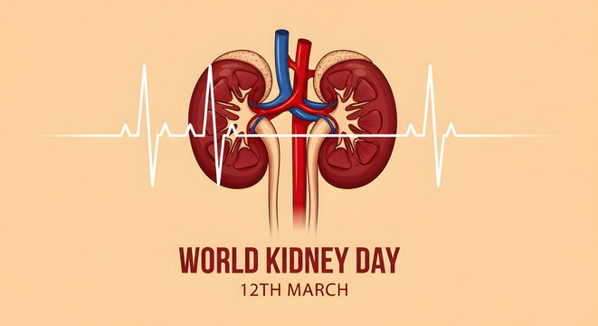 World Kidney Day Awareness Illustration with Human Organ and ECG Line