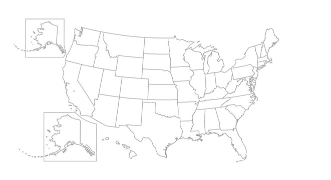 Complete Outline Map of United States with All State Borders Alaska and Hawaii on Isolated White Background